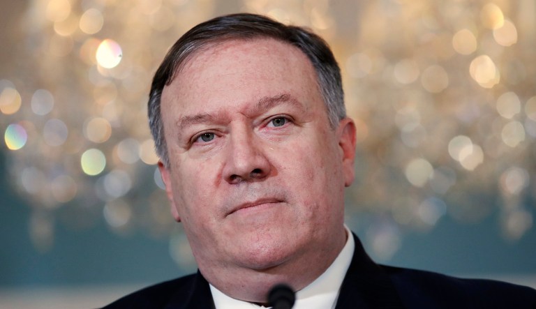 Secretary of State Mike Pompeo speaks about refugees as he makes a statement to the media at the State Department in Washington, D.C.