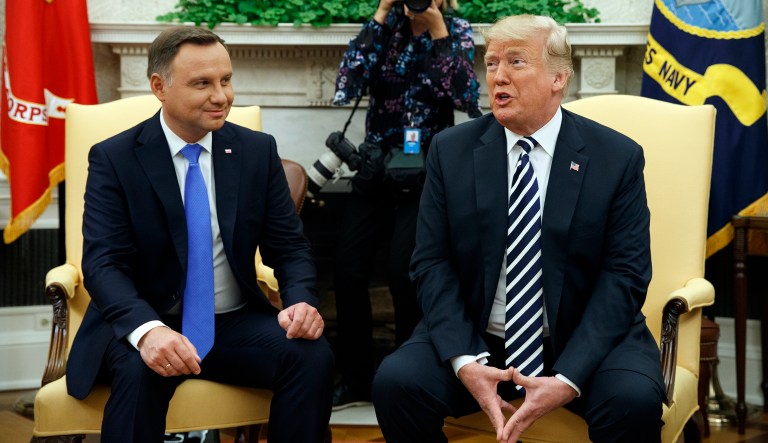 President Donald Trump speaks during a meeting with Polish President Andrzej Duda during a meeting in the Oval Office of the White House, Tuesday, Sept. 18, 2018, in Washington.
