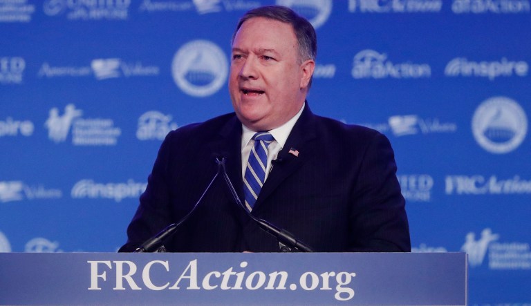 Secretary of State Mike Pompeo speaks to the 2018 Values Voter Summit in Washington, Friday, Sept. 21, 2018. 