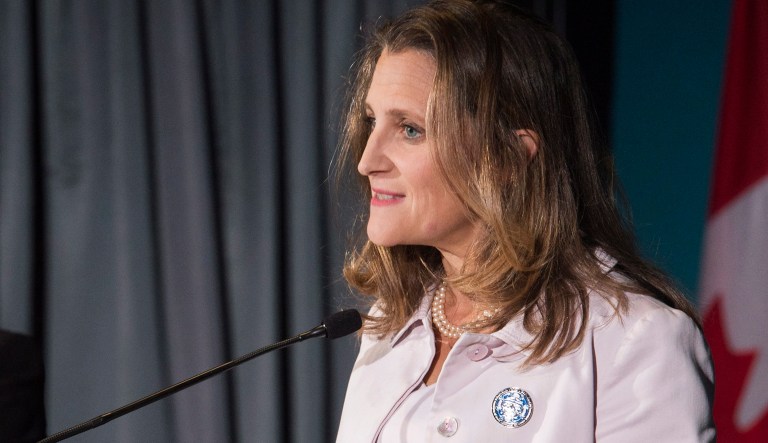 Canada's Foreign Affairs Minister Chrystia Freeland attends a news conference during a meeting of Women Foreign Ministers in Montreal, Saturday, Sept. 22, 2018.
