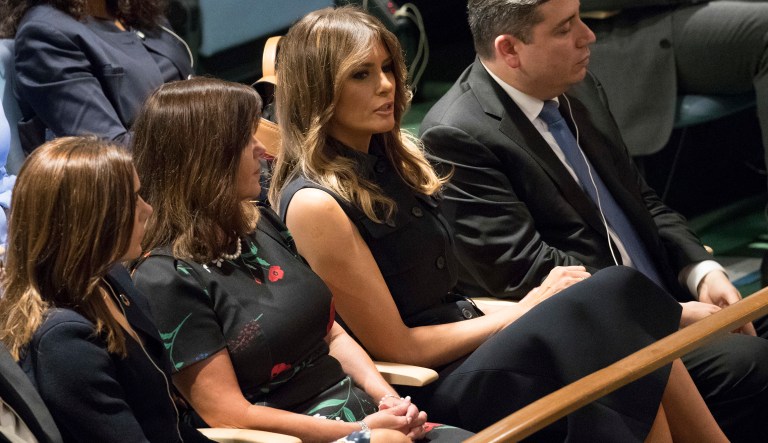 First lady Melania Trump is seated prior to President Donald Trump's address to the 73rd session of the United Nations General Assembly, Tuesday, Sept. 25, 2018 at U.N. headquarters.