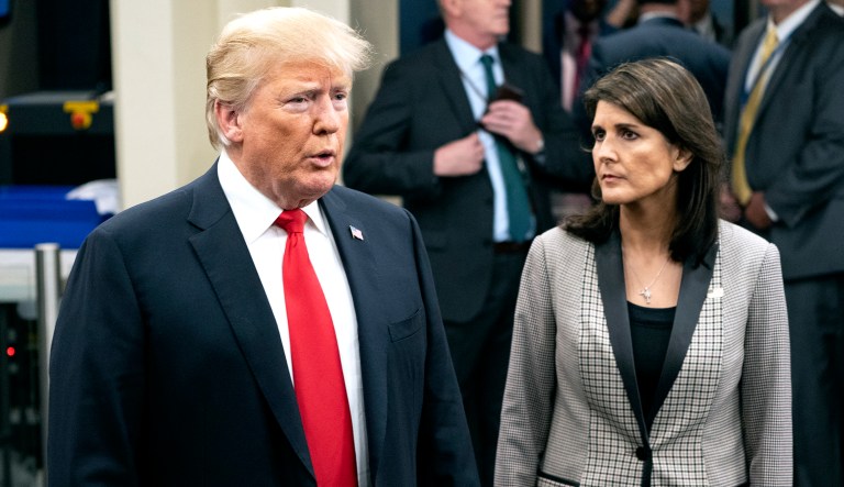 President Trump (left) addresses members of the news media as he arrives with Nikki Haley, the U.S. ambassador to the UN, during the 73rd session of the United Nations General Assembly, at U.N. headquarters on Tuesday.