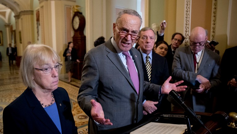 Senate Minority Leader Sen. Chuck Schumer, D-N.Y., accompanied by Sen. Patty Murray, D-Wash., and Sen. Dick Durbin, D-Ill.