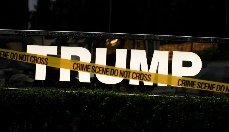 This photo shows cordon tape protesters placed in front of the Trump International Hotel & Tower during a rally against President Trump's visit to New York City and his policies on Tuesday, Sept. 25, 2018, in New York.