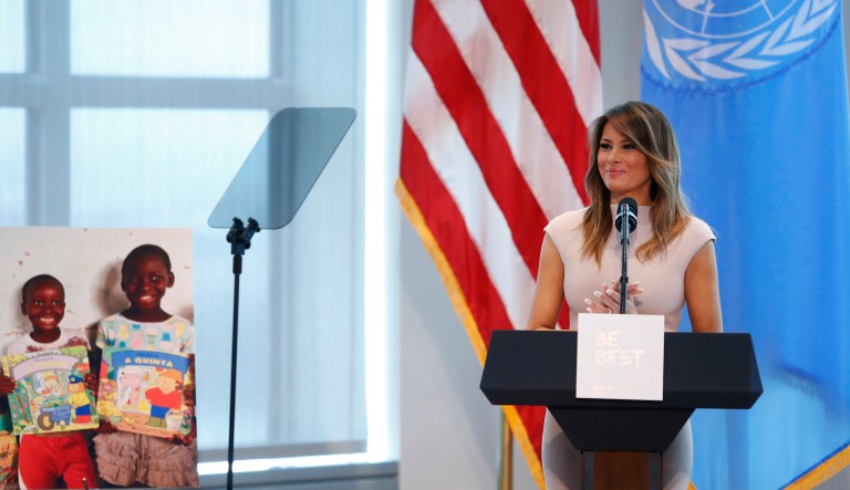 First lady Melania Trump speaks during a reception at the United States mission to the United Nations, Wednesday, Sept. 26, 2018, in New York.