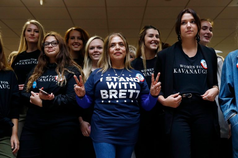 Supporters of Supreme Court nominee Brett Kavanaugh gather inside the Hart Senate Office Building on Capitol Hill in Washington, Thursday, Sept. 27, 2018. The Senate Judiciary Committee is hearing from Christine Blasey Ford, the woman who says Kavanaugh sexually assaulted her.