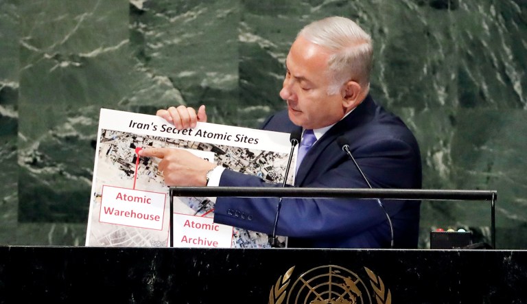 Israel's Prime Minister Benjamin Netanyahu shows an atomic warehouse in Iran during his address the 73rd session of the United Nations General Assembly at U.N. headquarters on Thursday.