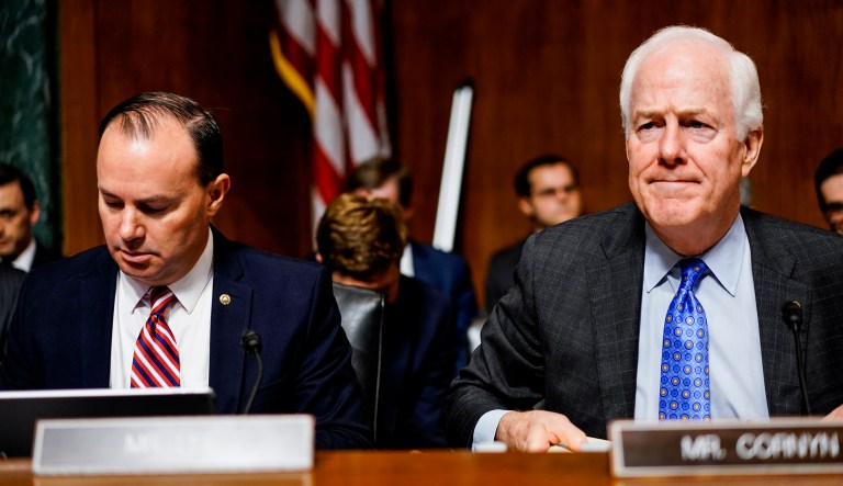 Mike Lee, R-Utah, (left) and Sen. John Cornyn, R-Texas, appear at a Senate Judiciary Committee hearing on Thursday in Washington, D.C.