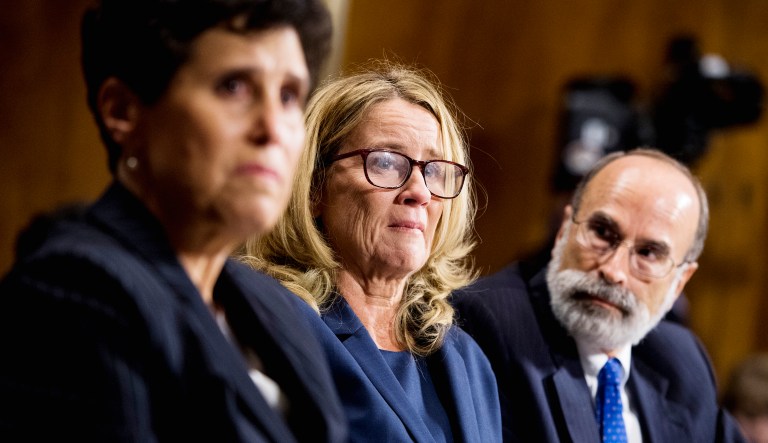 Christine Blasey Ford (center) testifies during the Senate Judiciary Committee hearing on Capitol Hill in Washington with her attorneys, Debra Katz and Michael Bromwich. 