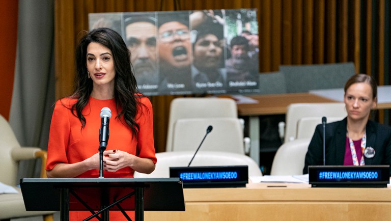International human rights lawyer Amal Clooney speaks during a conference.