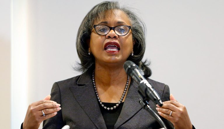 In this Sept. 26, 2018 photo, Anita Hill speaks at the University of Utah in Salt Lake City. 