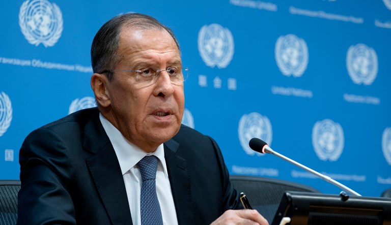 Russia's Foreign Minister Sergey Lavrov speaks during a news conference at U.N. Headquarters.