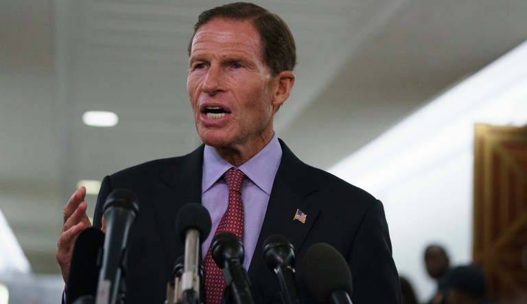 Senate Judiciary Committee member Sen. Richard Blumenthal, D-Conn., talks to media after a Senate Judiciary Committee hearing on Capitol Hill in Washington, Friday, Sept. 28, 2018. After a flurry of last-minute negotiations, the Senate Judiciary Committee advanced Brett Kavanaugh's nomination for the Supreme Court after agreeing to a late call from Sen. Jeff Flake, for a one week investigation into sexual assault allegation against the high court nominee.