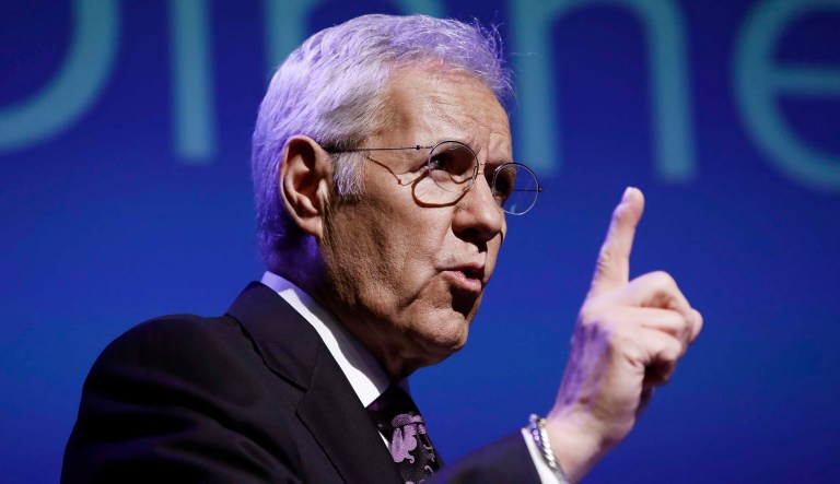 Alex Trebek speaks during an event.