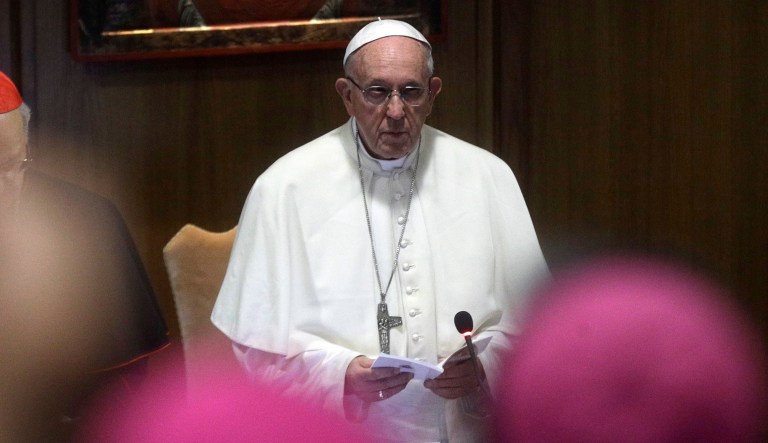 Pope Francis speaks on the occasion of the opening of the15th Ordinary General Assembly of the Synod of Bishops, at the Vatican, Wednesday, Oct. 3, 2018. The Oct. 3-28 synod is opening under a fresh cloud of scandal with new revelations about decades of sexual misconduct and cover-up in the U.S., Chile, Germany and elsewhere. That has sent confidence in Francis' leadership to all-time lows among the American faithful.