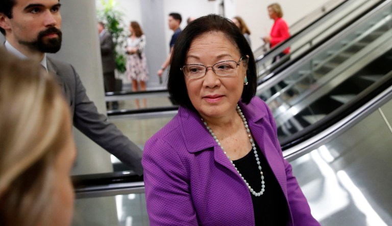 Sen. Mazie Hirono, D-Hawaii, listens to a reporter's question on Capitol Hill, Wednesday, Oct. 3, 2018 in Washington. 