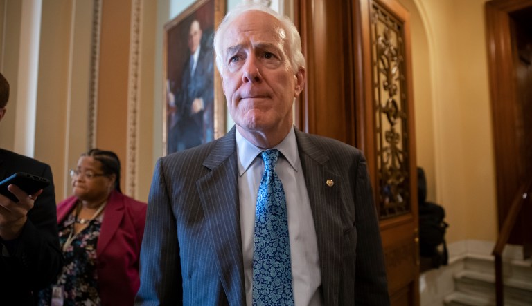 Senate Majority Whip John Cornyn, R-Texas, updates reporters at the Capitol in Washington, Wednesday, Oct. 3, 2018.