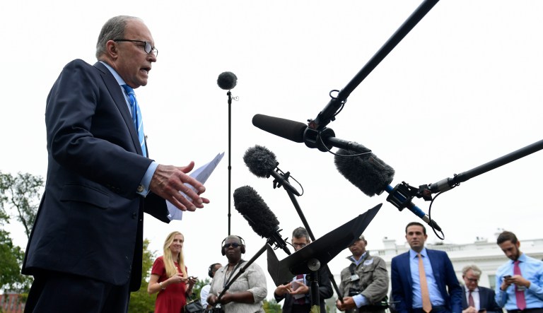White House National Economic Council Director Larry Kudlow speaks with reporters outside the West Wing of the White House in Washington, Friday, Oct. 5, 2018.