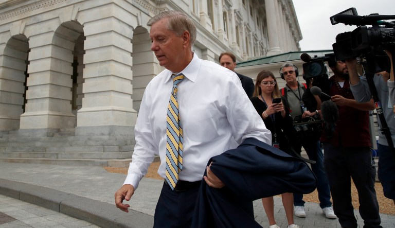 Sen. Lindsey Graham, R-S.C., departs after the confirmation vote of Supreme Court nominee Brett Kavanaugh, on Capitol Hill, Saturday, Oct. 6, 2018, in Washington. Kavanaugh was confirmed 50-48.
