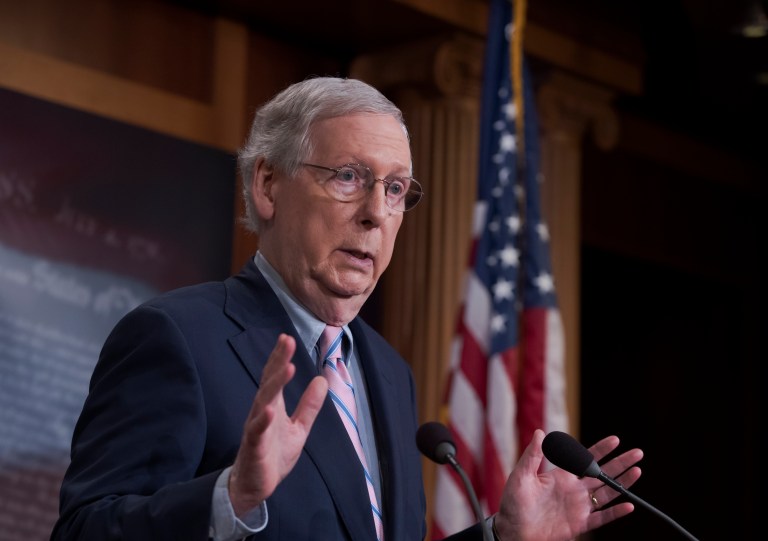 Senate Majority Leader Mitch McConnell, R-Ky., speaks to reporters following the final vote to confirm Supreme Court nominee Brett Kavanaugh, at the Capitol in Washington, Saturday, Oct. 6, 2018.