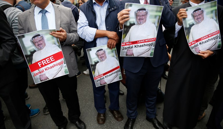 Members of the Turkish-Arab journalist association hold posters with photos of missing Saudi writer Jamal Khashoggi, as they hold a protest near the Saudi Arabia consulate in Istanbul, Monday, Oct. 8, 2018. Khashoggi, 59, went missing on Oct 2 while on a visit to the consulate in Istanbul for paperwork to marry his Turkish fiancÃ©e. The consulate insists the writer left its premises, contradicting Turkish officials. He had been living since last year in the U.S. in a self-imposed exile, in part due to the rise of Prince Mohammed, the son of King Salman.