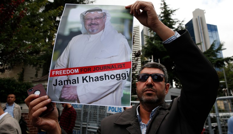 Members of the Turkish-Arab journalist Association hold posters with photos of missing Saudi writer Jamal Khashoggi, as they hold a protest near the Saudi Arabia consulate in Istanbul, Monday, Oct. 8, 2018.Turkish officials have said they believe that the Saudi journalist Jamal Khashoggi was slain in "a preplanned murder" at the kingdom's consulate and that his body was later removed. Saudi officials have denied the allegations as baseless.