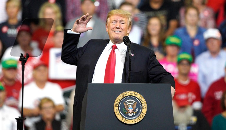 President Trump speaks during a Make America Great Again rally at the Mid-America Center in Council Bluffs, Iowa.