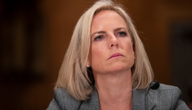 Homeland Security Secretary Kirstjen Nielsen listens during a hearing of the Senate Committee on Homeland Security & Governmental Affairs, on Capitol Hill, Wednesday, Oct. 10, 2018 in Washington.