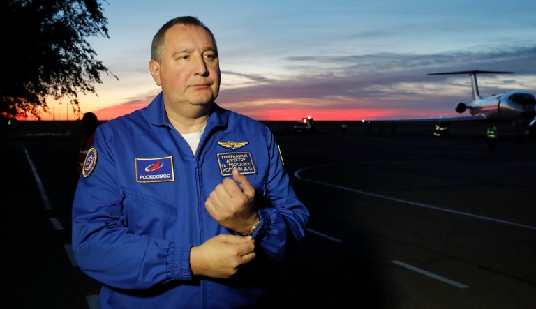 Director General of the Russia state corporation Roscosmos Dmitry Rogozin walks in Baikonur airport in Kazakhstan.