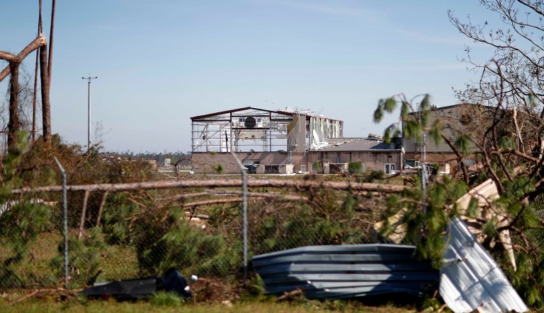 An airplane hanger at Tyndall Air Force Base is damaged from hurricane Michael in Panama City, Fla., Thursday.