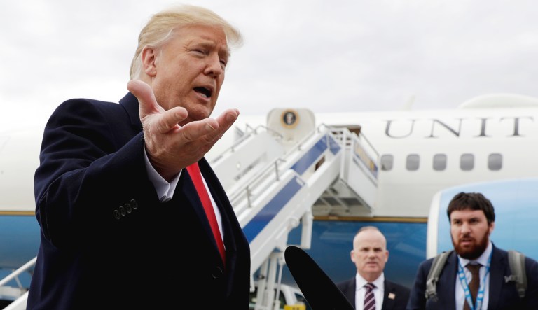 President Trump delivers a statement on Pastor Andrew Brunson after landing at an airport.