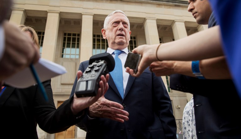 FILE - In this Oct. 9, 2018, file photo, Defense Secretary Jim Mattis speaks to reporters at the Pentagon, in Washington. President Donald Trump says he has a âvery good relationshipâ with  Mattis even though he thinks the Pentagon chief is âsort of a Democrat.â Asked during a â60 Minutesâ interview airing Sunday, Oct. 14, whether Mattis will step down, Trump says Mattis hasnât told him that.