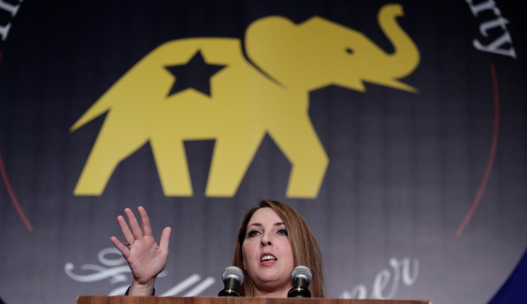 Ronna Romney McDaniel, chairman of the Republican National Committee, speaks at the Indiana Republican Party Fall Dinner in Indianapolis, Friday, Oct. 12, 2018.