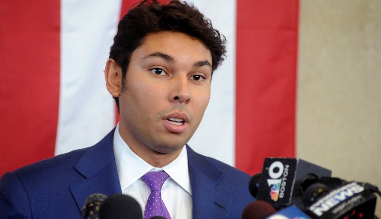 Mayor Jasiel Correia tells his side of the story about his indictment during a press conference Tuesday, Oct. 16, 2018, held at the Fall River Government Center in Fall River, Mass.