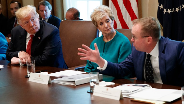 Mick Mulvaney will have the toughest job in the White House, and Trump better not ruin it President Trump, left, and Small Business Administration administrator Linda McMahon, center, listen as Director of the Office of Management and Budget Mick Mulvaney speaks during a cabinet meeting.