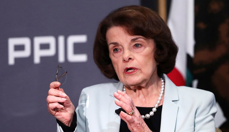 Sen. Dianne Feinstein, D-Calif., gestures while speaking during a debate with California Sen. Kevin de Leon, D-Los Angeles, Wednesday in San Francisco.