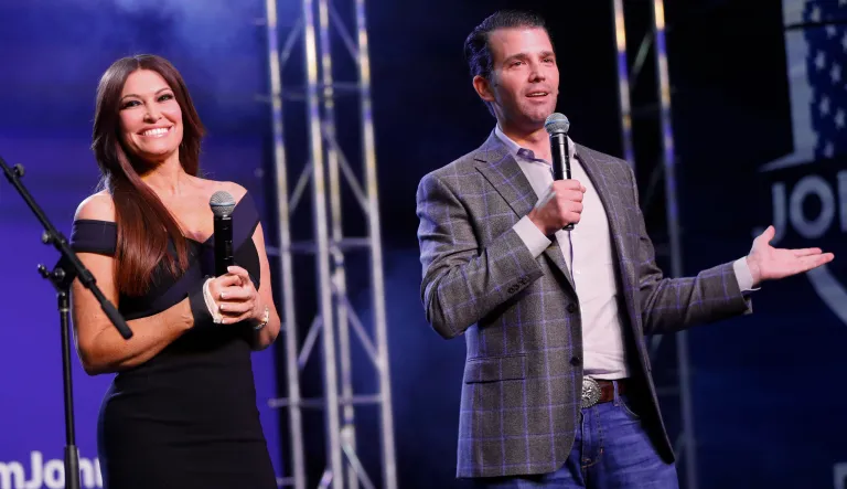 Donald Trump Jr., and Kimberly Guilfoyle appear at a rally for Republican U.S. Senate candidate John James in Pontiac, Mich., Wednesday, Oct. 17, 2018. 