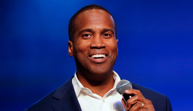 Republican U.S. Senate candidate John James speaks during a rally in Pontiac, Mich.