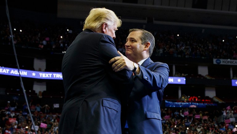 President Trump is greeted by Sen. Ted Cruz, R-Texas.