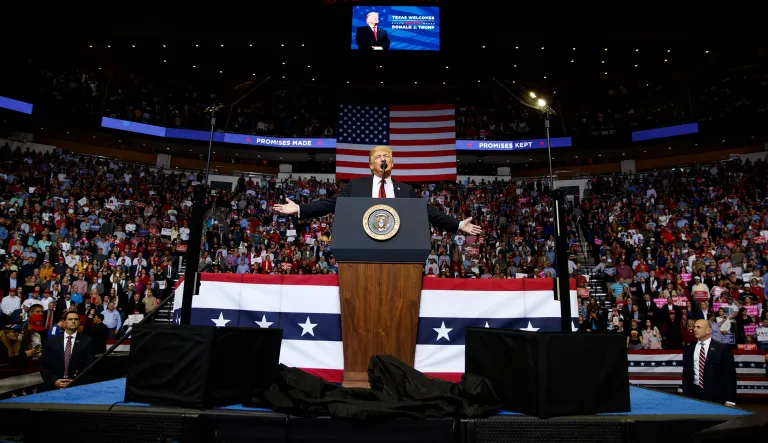 President Donald Trump speaks during a campaign rally for Sen. Ted Cruz, R-Texas, at Houston Toyota Center, Monday, Oct. 22, 2018, in Houston.