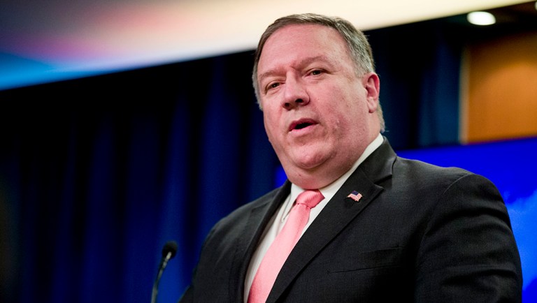Secretary of State Mike Pompeo speaks to reporters at a news conference at the State Department in Washington.