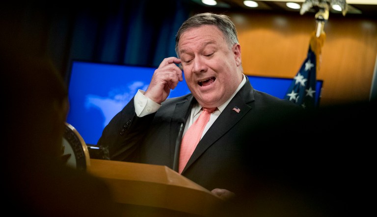 Secretary of State Mike Pompeo speaks to reporters at a news conference at the State Department in Washington, Tuesday, Oct. 23, 2018.