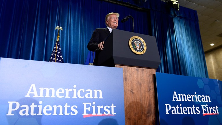 President Trump talks about drug prices during a visit to the Department of Health and Human Services.