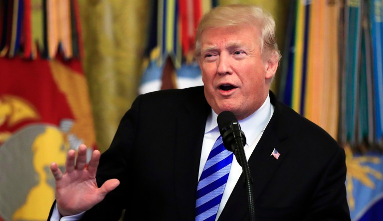 President Trump speaks at a reception commemorating the 35th anniversary of the attack on Beirut Barracks in the East Room at the White House in Washington, Thursday, Oct. 25, 2018. 