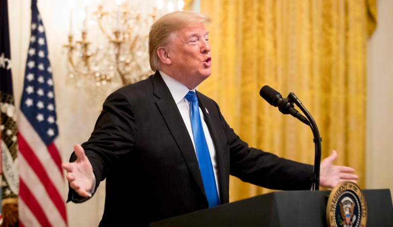 President Trump speaks about the arrest in the mail bomb scare at the 2018 Young Black Leadership Summit in the East Room of the White House, Friday, Oct. 26, 2018, in Washington.