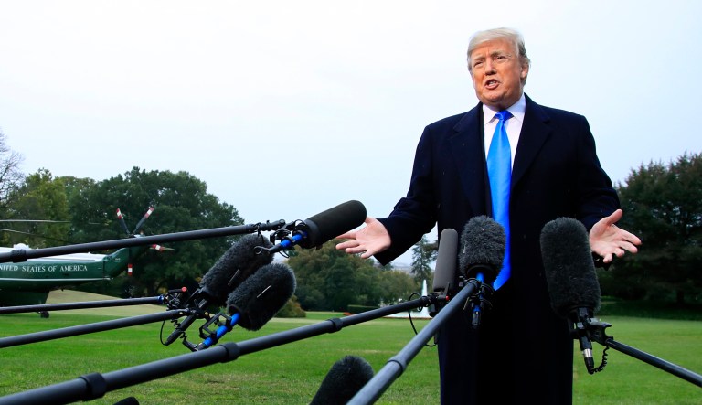 President Trump speaks to the members of the media before leaving the White House in D.C. to attend a campaign rally in Charlotte, N.C.