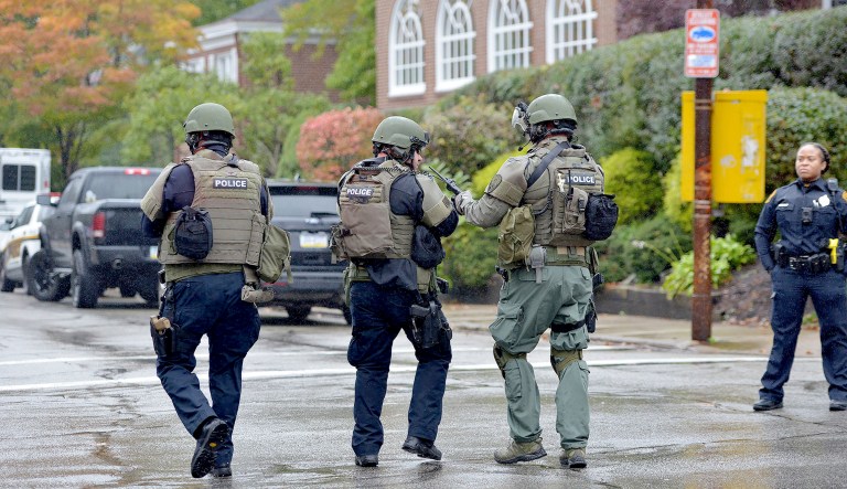 Police respond to an active shooter situation at the Tree of Life synagogue on Wildins Avenue in the Squirrel Hill neighborhood of Pittsburgh, Pa., on Saturday.