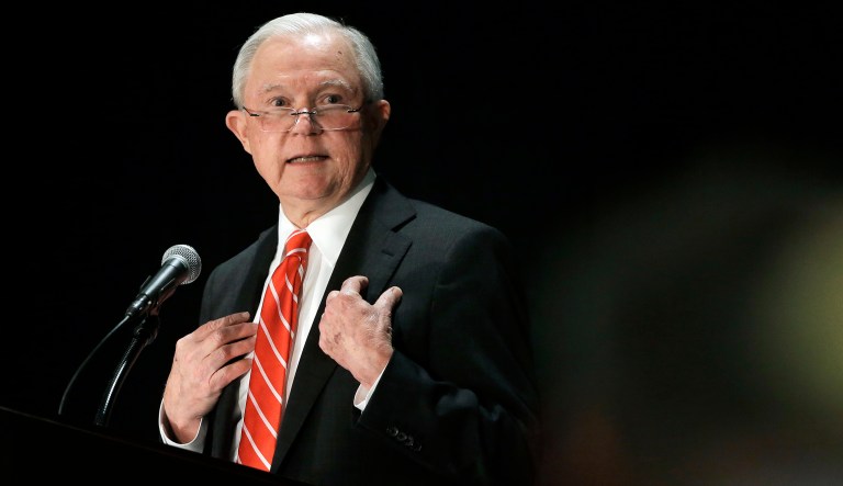 Attorney General Jeff Sessions speaks at a luncheon event organized by the Boston Lawyers Chapter of the Federalist Society, Monday, Oct. 29, 2018, at a hotel in Boston.