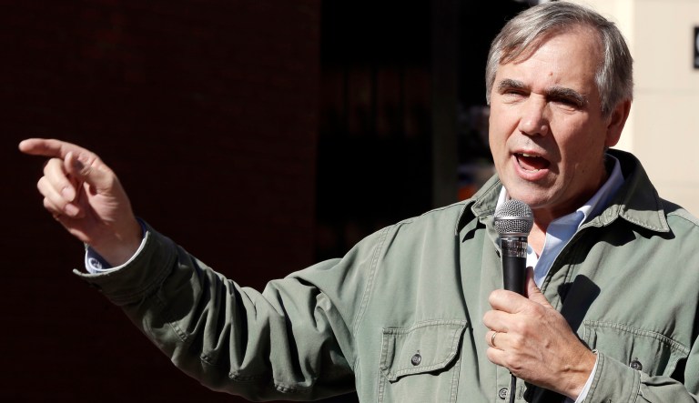 Sen. Jeff Merkley, D-Ore., speaks during a rally in Portland, Ore., Oct. 17, 2018. Merkley, a frequent critic of President Donald Trump, is seriously considering a run for the White House.