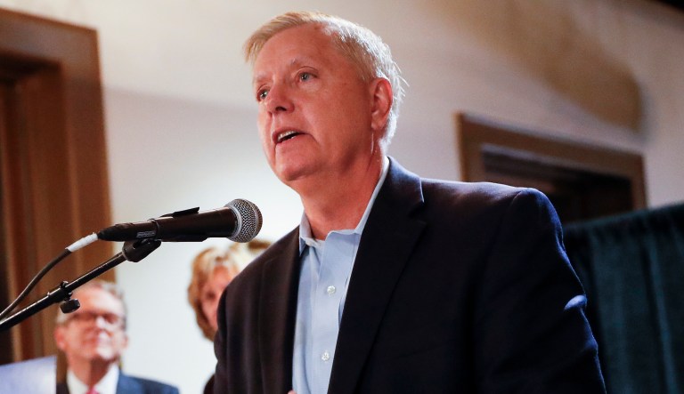 Sen. Lindsey Graham, R-S.C., speaks during a campaign event for Ohio Attorney General and Republican gubernatorial candidate Mike DeWine, Tuesday, Oct. 30, 2018, in downtown Cincinnati.